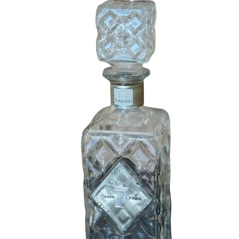 1960s MCM Seagram’s 7 Crown Whiskey Decanter Diamond Pattern Glass w/ Stopper